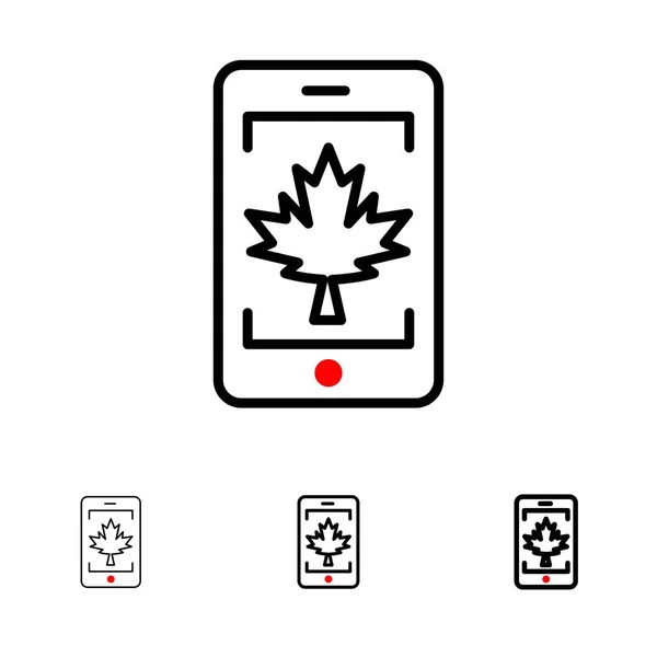 Mobile, cell, canada, leaf bold and thin black line icon set — Stockvektor
