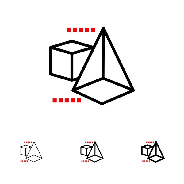 3dmodel, 3D, κουτί, τρίγωνο έντονο και λεπτό μαύρο εικονίδιο γραμμής Set — Διανυσματικό Αρχείο