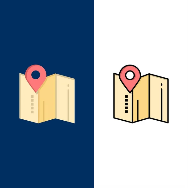 Locatie, kaart, PIN, Hotel iconen. Platte en lijn gevulde icon set — Stockvector