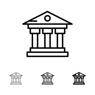 Banka, Bina, Para, Hizmet Kalın ve ince siyah çizgi simgesi seti