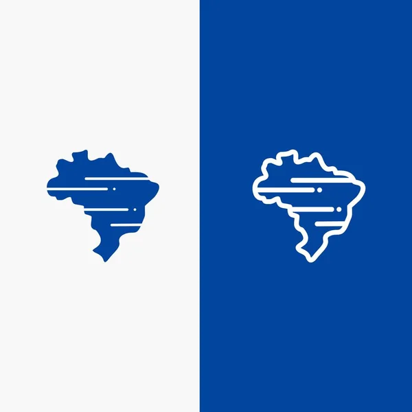 브라질, 지도, 국가 라인 및 문말 고체 아이콘 블루 배너 — 스톡 벡터