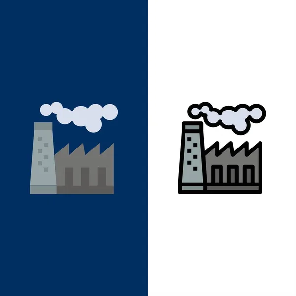 Fábrica, contaminación, producción, iconos del humo. Lleno plano y de línea — Vector de stock