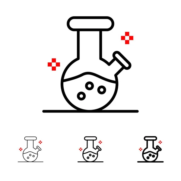 Flasque de démonstration, laboratoire, potion Ensemble d'icônes de ligne noire audacieuses et fines — Image vectorielle