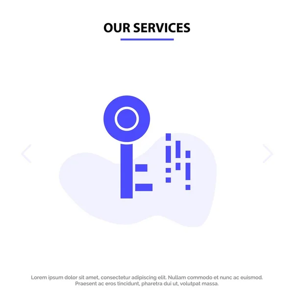 Nuestros servicios Internet, Seguridad, Key Solid Glyph Icon Tarjeta Web T — Vector de stock