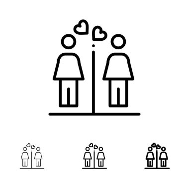 Aşk, Çift, Tuvalet, İşaretler Kalın ve ince siyah çizgi simge seti