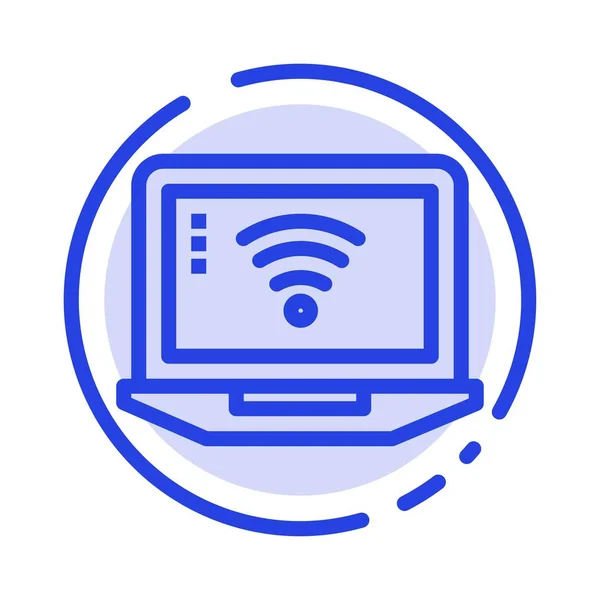 Φορητό υπολογιστή, υπολογιστής, σήμα, WiFi μπλε διακεκομμένο εικονίδιο γραμμής γραμμή — Διανυσματικό Αρχείο