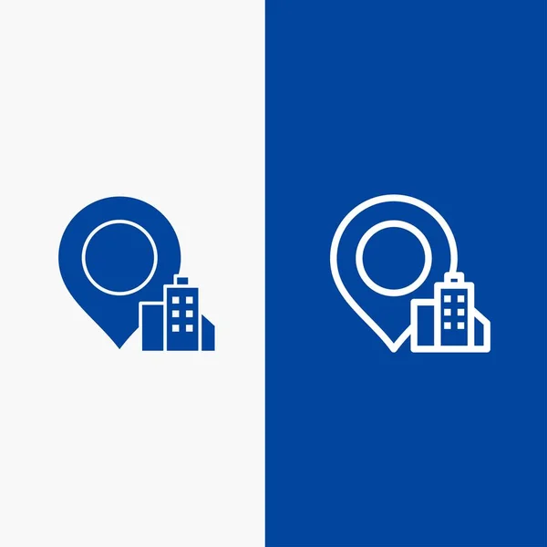 Locatie, Gebouw, Hotel Line en Glyph Solid icon Blauwe banner — Stockvector