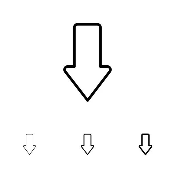 Šipka, šipky, dolů, stáhnout tučné a tenká černá čára sada ikon — Stockový vektor