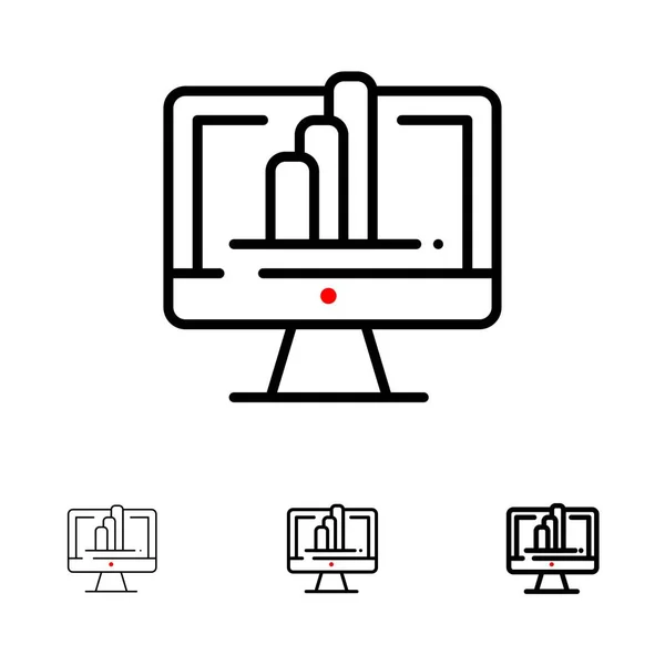 Bilgisayar, Monitör, Gömlek, Grafik Kalın ve ince siyah çizgi simgesi se — Stok Vektör