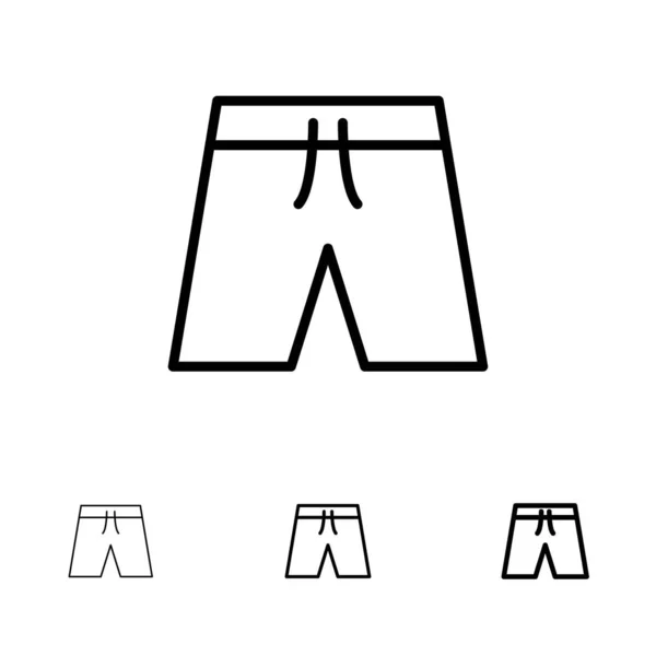 Strand, Kläder, Kort, Shorts Fet och tunn svart linje ikon set — Stock vektor