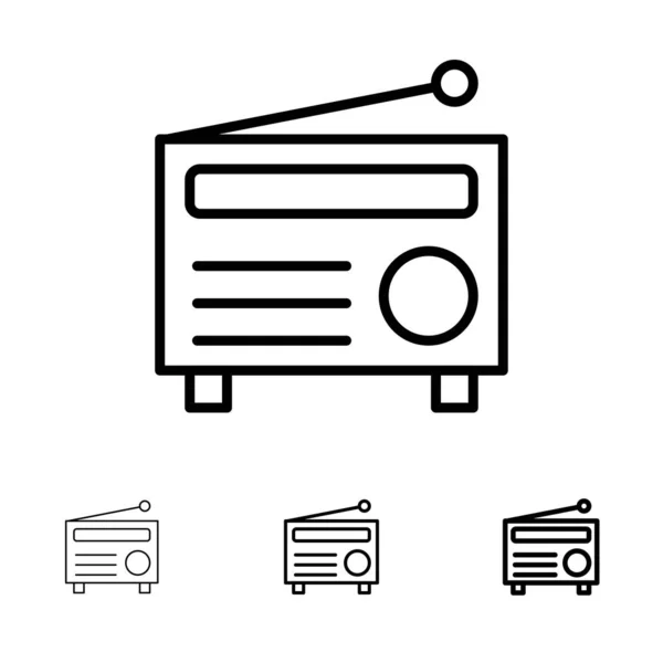 Rádio, FM, Áudio, Media Bold e fino conjunto de ícones de linha preta —  Vetores de Stock
