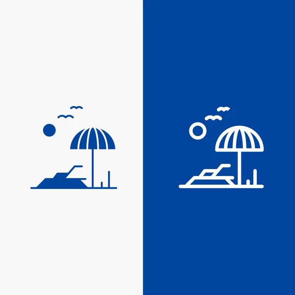 Playa, Palma, Árbol, Línea de Primavera y Glifo Icono Sólido Banner azul — Vector de stock