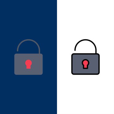 Kilidini, kilit, güvenlik simgeleri. Düz ve çizgi dolu simge seti VEC