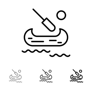 Tekne, Kayak, Kanada Kalın ve ince siyah çizgi simge seti