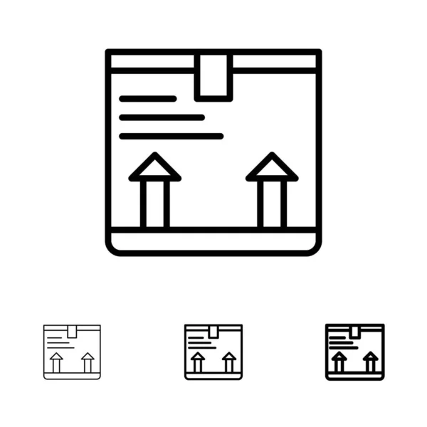 Liefern, Box, Pfeil, bis fett und dünne schwarze Linie Icon-Set — Stockvektor