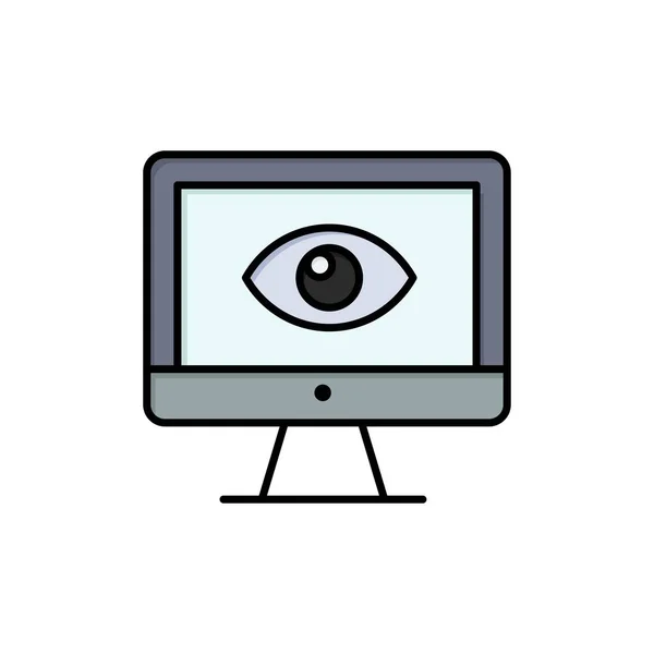Monitor, online, Privatsphäre, Überwachung, Video, sehen flache Farbe — Stockvektor