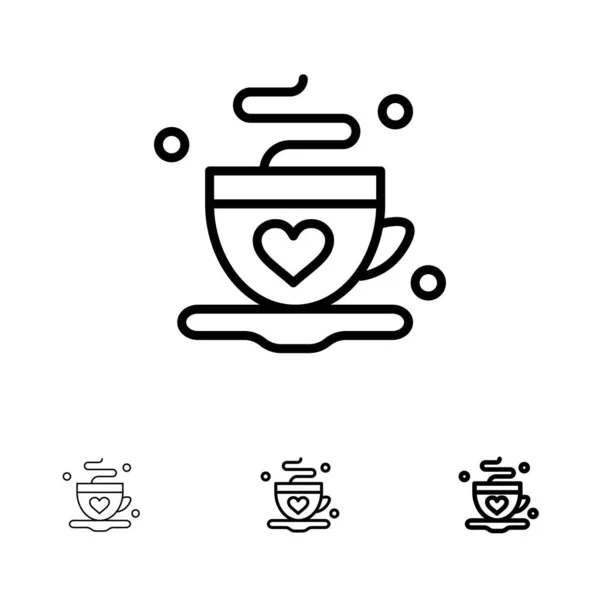 Xícara, Café, Chá, Amor Bold e fino conjunto de ícones de linha preta — Vetor de Stock