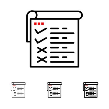 Denetim Listesi, Test, Rapor, Qa Kalın ve ince siyah çizgi simgesi kümesi