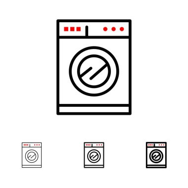 Mutfak, Makine, Yıkama Kalın ve ince siyah çizgi simge seti