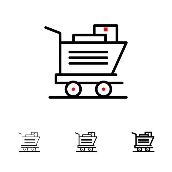 Carrito, Compras, Cesta Negrita y delgada línea negra icono conjunto — Vector de stock