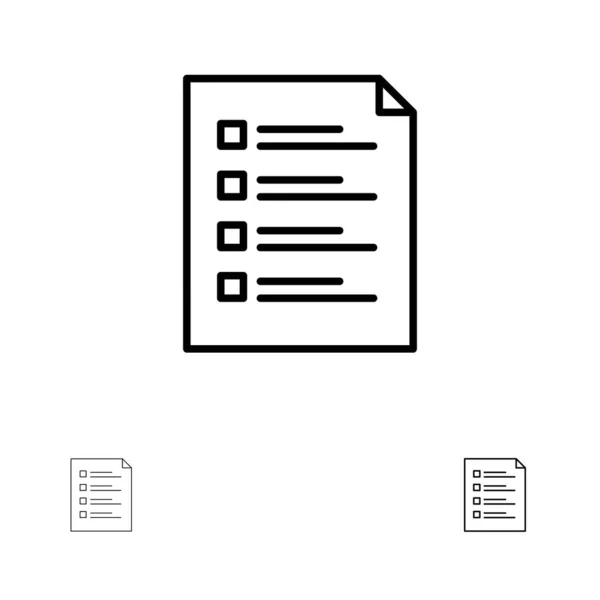 Lista de comprobación, comprobación, archivo, lista, página, tarea, pruebas Negrita y delgada — Vector de stock
