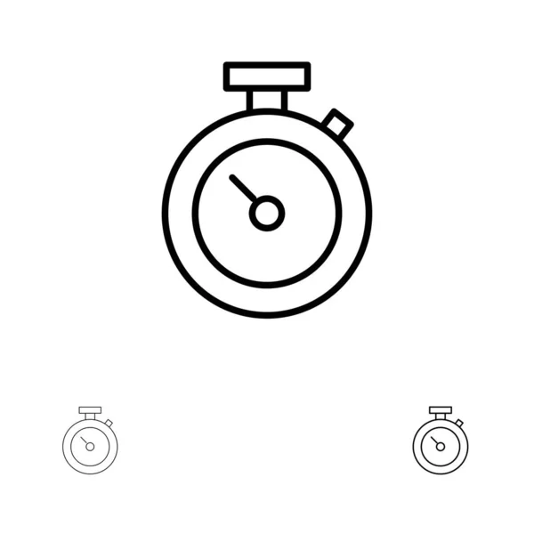 Timer, stoppur, klocka, tid fet och tunn svart linje ikon set — Stock vektor