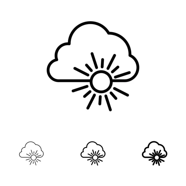 Chmura, natura, wiosna, słońce pogrubienie i cienka Czarna linia ikona zestaw — Wektor stockowy
