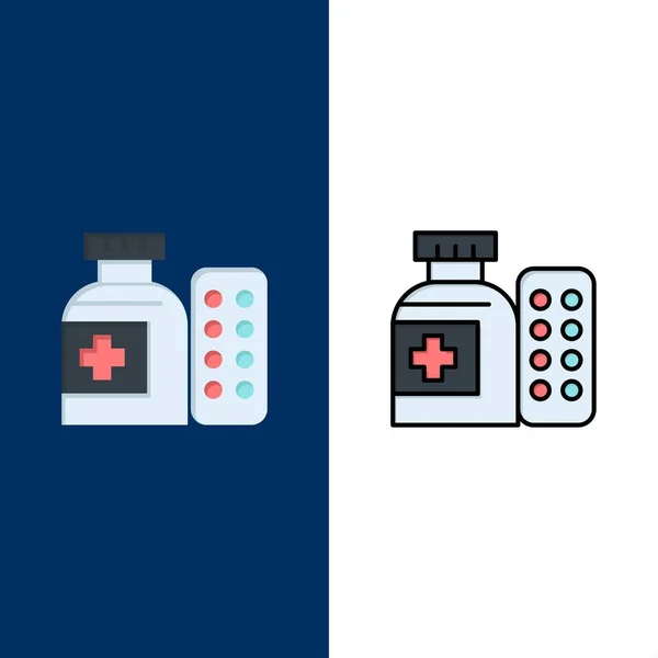 Medicinsk, medicin, piller, sjukhus ikoner. Plan och linje fylld — Stock vektor