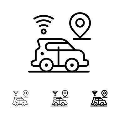 Araba, Konum, Harita, Teknoloji Kalın ve ince siyah çizgi simge seti