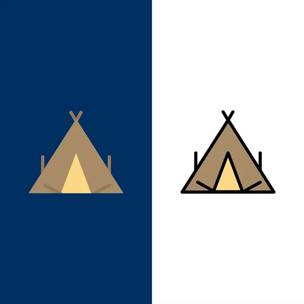 Läger, tält, Wigwam, våren ikoner. Ikonuppsättning för plan och linje fyllning — Stock vektor