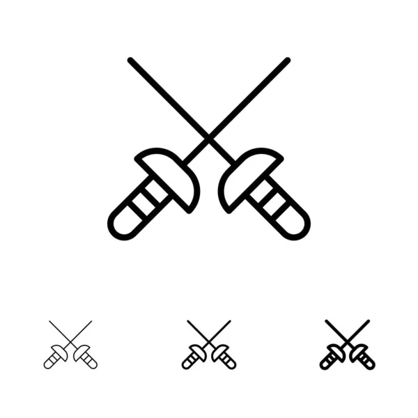 Fechten, Säbel, Sport fett und dünne schwarze Linie Symbolset — Stockvektor