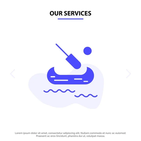 Nuestros servicios Barco, Kayak, Canadá Solid Glyph Icon Tarjeta Web Templ — Vector de stock