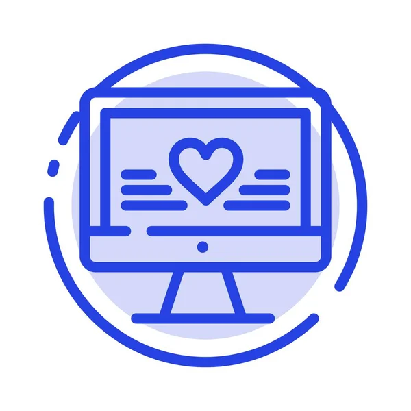Υπολογιστής, αγάπη, καρδιά, γάμος μπλε εικονίδιο με διακεκομμένες γραμμές γραμμή — Διανυσματικό Αρχείο
