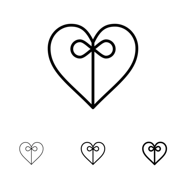 Kalp, Hediye, Şerit Kalın ve ince siyah çizgi simgesi seti — Stok Vektör