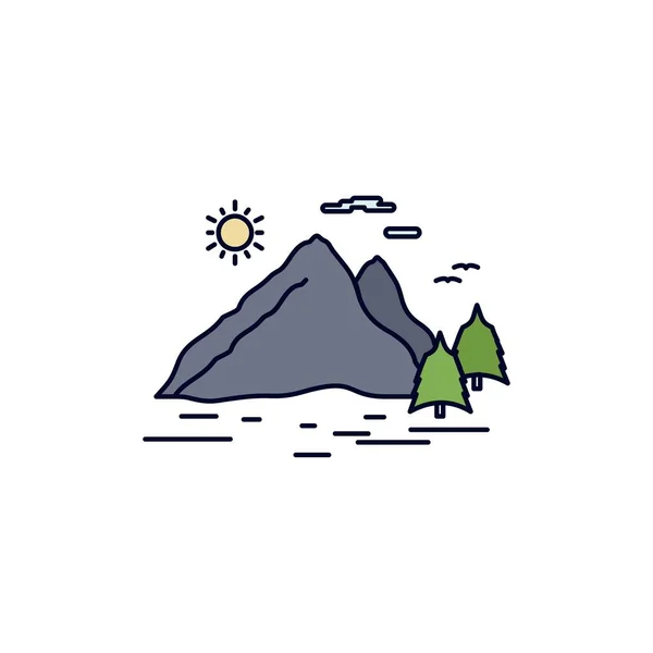 Natureza, colina, paisagem, montanha, sol Flat Color Icon Vector — Vetor de Stock