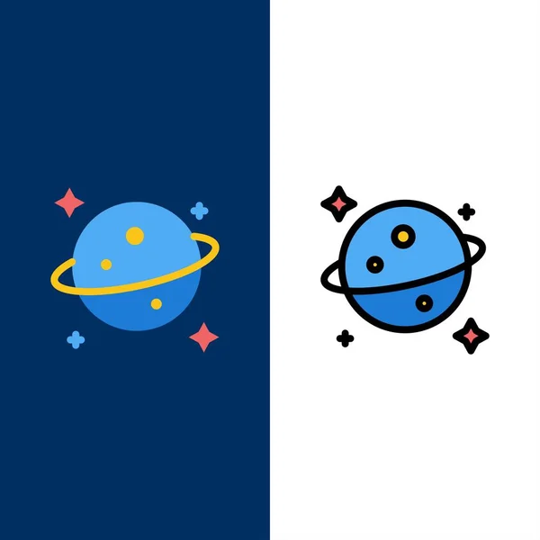Planeet, Saturnus, ruimte iconen. Plat en lijn gevuld icon set Vect — Stockvector