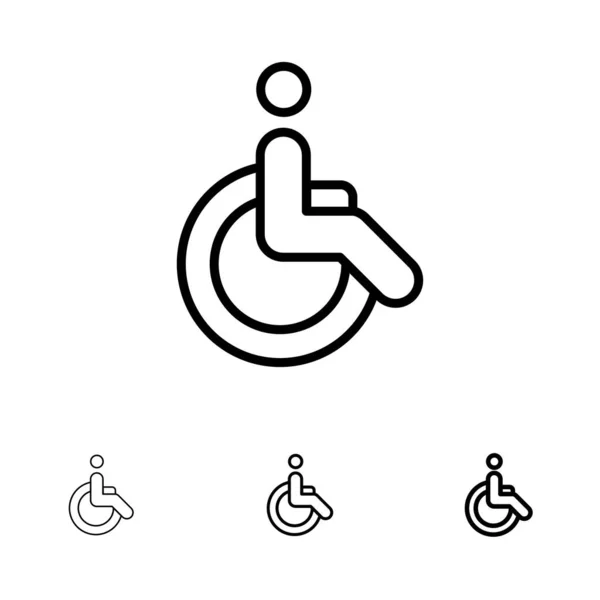 Invalidní vozík, jízdní kolo, pohyb, chůze tučná a tenká černá čára ico — Stockový vektor