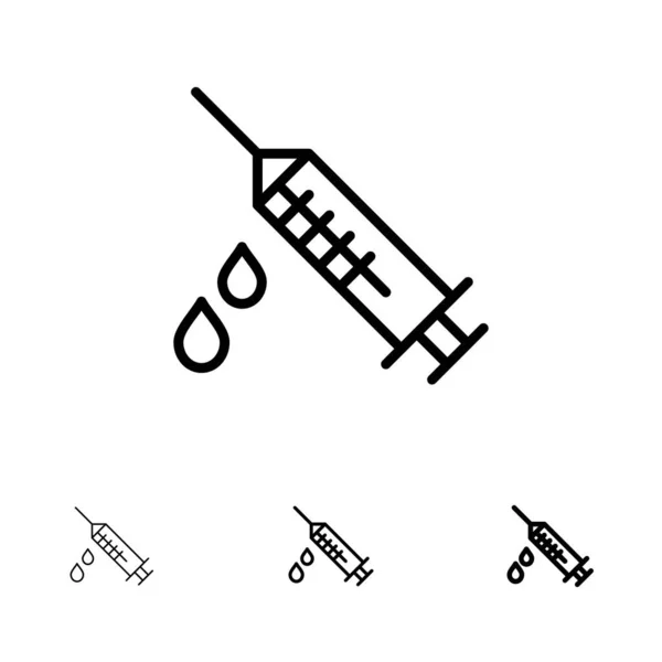 Drogen-, Injektions-, Medizin-, Medikamenten- fett und dünne schwarze Linie Symbol-Set — Stockvektor