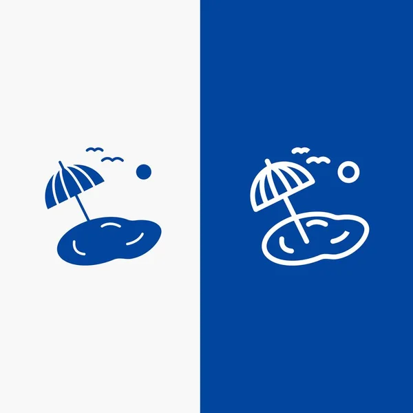 Playa, Palma, Árbol, Línea de Primavera y Glifo Icono Sólido Banner azul — Vector de stock