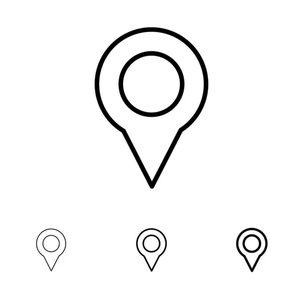 Locatie, kaart, marker, PIN vet en dunne zwarte lijn icon set — Stockvector