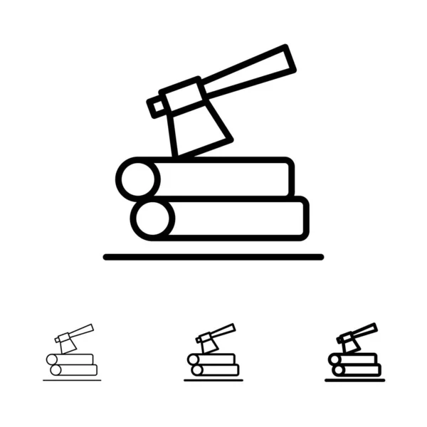 Axt, Stamm, Holz, Holz fett und dünne schwarze Linie Icon-Set — Stockvektor