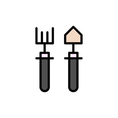 Bahçe, Bahçıvan, Tırmık, Kürek Düz Renk Simgesi. Vektör simgesi yasağı