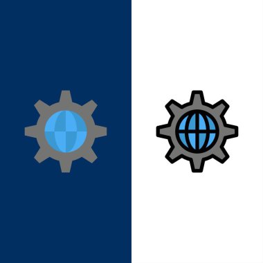 Güvenlik, Dünya, Küre, İnternet Simgeleri. Düz ve Hat Dolgulu Ic