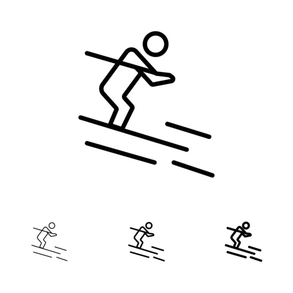 Aktivität, Ski, Ski, Sportler fett und dünne schwarze Linie Symbol s — Stockvektor