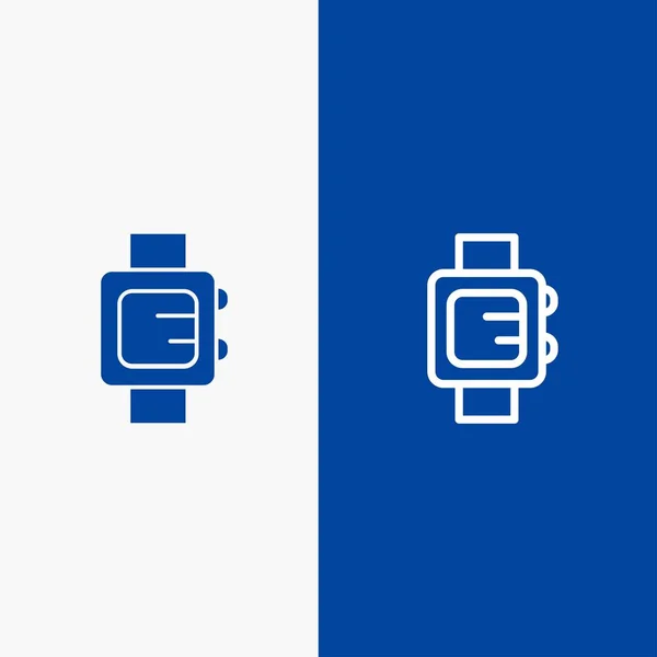 Montre à main, horloge, ligne d'école et glyphe icône solide Bannière bleue — Image vectorielle