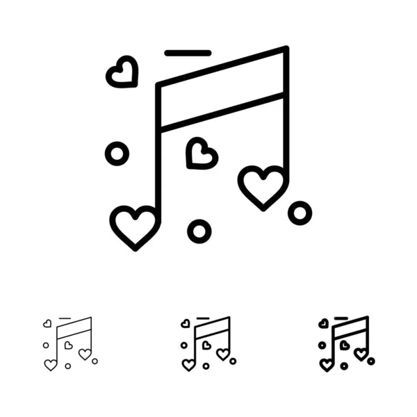 Hudba, láska, srdce, svatební smělá a tenká černá linka sada ikon — Stockový vektor