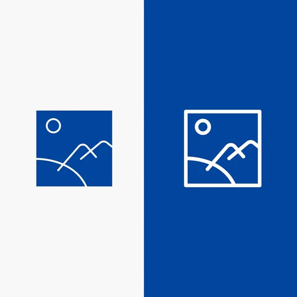 Afbeelding, galerij, foto, Sun line en glyph effen pictogram blauw Bann — Stockvector