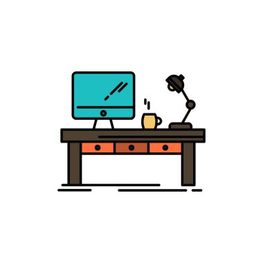 İşyeri, İş, Bilgisayar, Masa, Lamba, Ofis, Masa Düz Renk Simgesi. Vektör simgesi afiş Şablonu