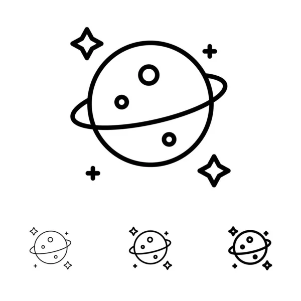 Planet, Saturnus, utrymme fet och tunn svart linje Ikonuppsättning — Stock vektor