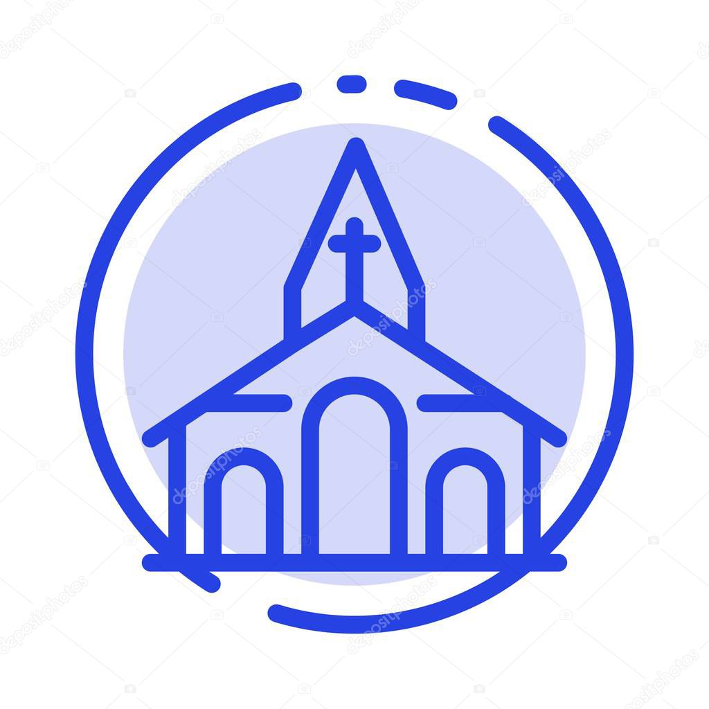 Building, Christmas, Church, Spring Blue Dotted Line Line Icon